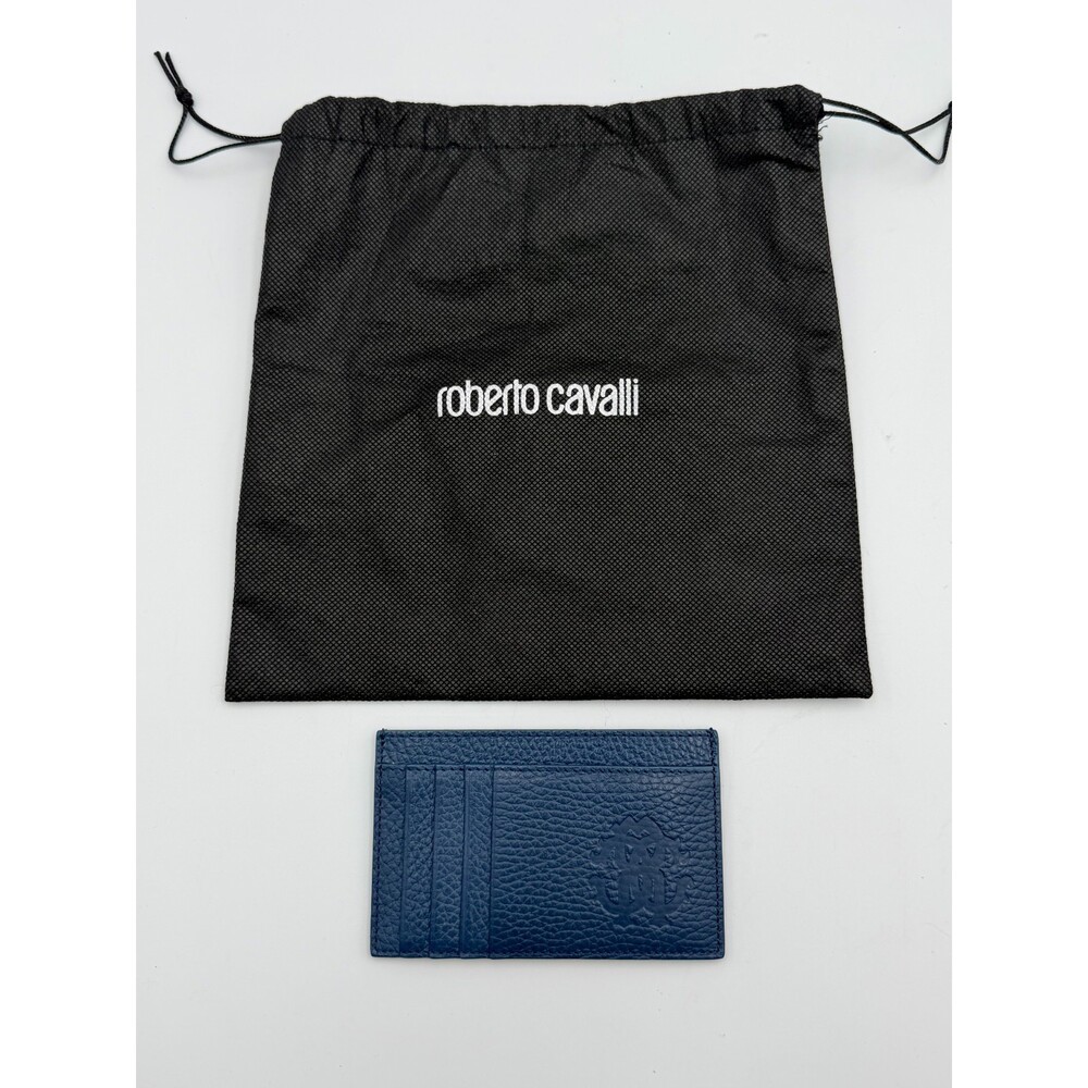 New Roberto Cavalli Card Holder Mens Blue Grained Leather Fashion Luxury Wallet